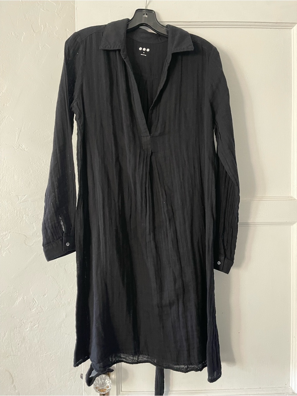 Three dots Black Long Sleeve V-Neck cotton gauzy Shirt Dress